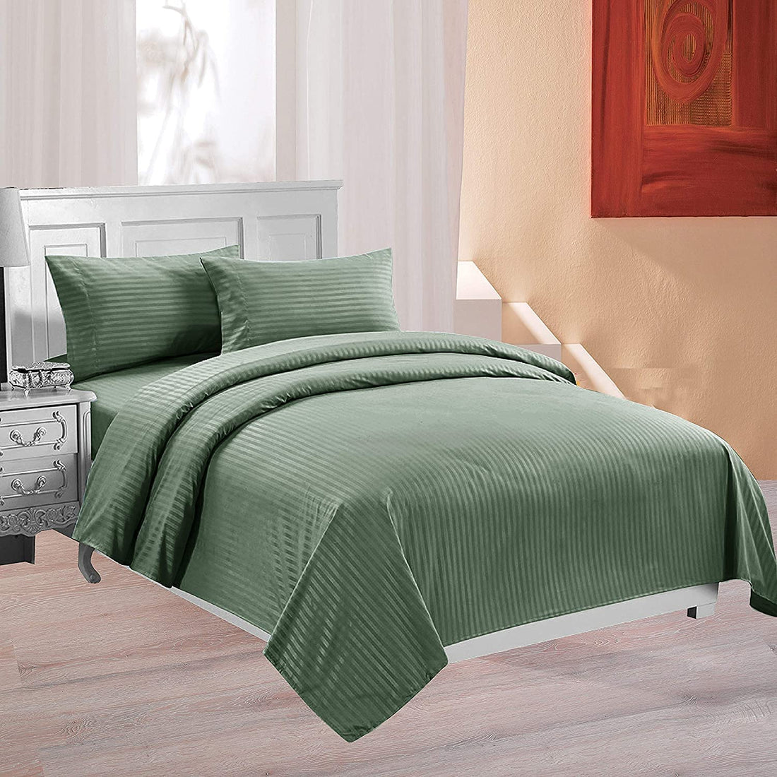 WSOKO Cotton Premium Satin Stripe King Size Bedsheet 108 x 108 Inches with 2 Pillow Covers | 100% Cotton | Hotel Quality | Ultra Soft | Breathable | Luxury Bedding Set | Olive Green