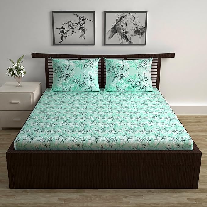 WSOKO COTTON 400 TC Cotton Bedsheet for Double Bed | 100% Cotton – Sage Green Floral Print | Soft &amp; Breathable | Size 222 x 254 cm | with 2 Pillow Covers | Everyday Use 90X100