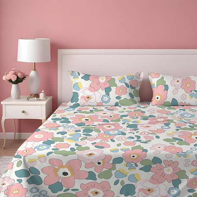 WSOKO COTTON Collection Super King Size Bedsheets with 2 King Size Pillow Covers| Luxury Soft Sheets (3pcs Set) |108x108 inches, (White &amp; Multicolour, Cotton)