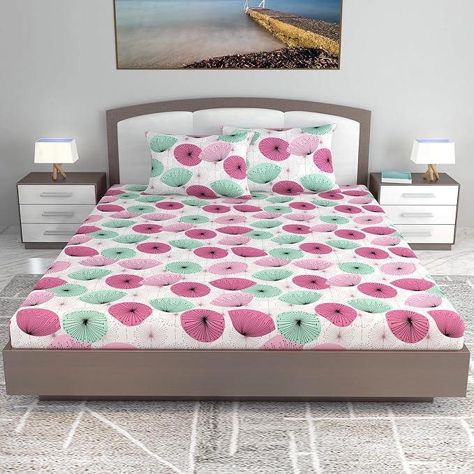 WSOKO 100% Cotton 400TC Bedsheet for Double Bed King Size Bedsheet with 2 Pillow Covers[108X108 (Size:275 X 275 cm, Green, Floral)
