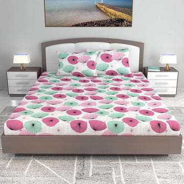 WSOKO 100% Cotton 400TC Bedsheet for Double Bed King Size Bedsheet with 2 Pillow Covers[108X108 (Size:275 X 275 cm, Green, Floral)