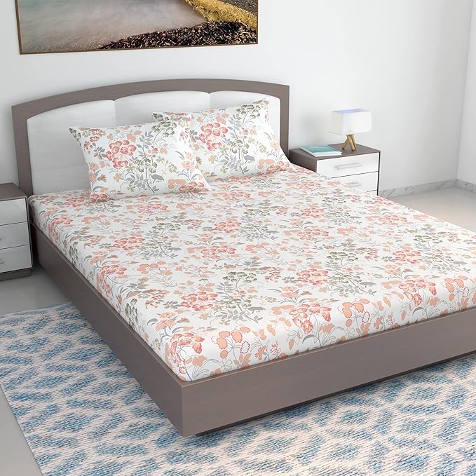 WSOKO 100% Cotton 400TC Bedsheet for Double Bed King Size Bedsheet with 2 Pillow Covers[108X108 (Size:275 X 275 cm, Green, Floral)