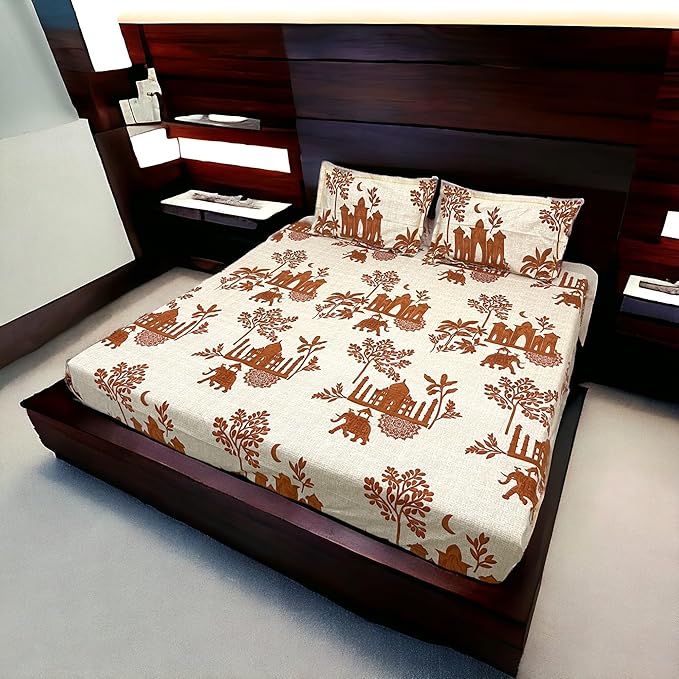 WSOKO 400TC GreenElephant Cotton Blend Mughal-Style Print King Size Bedsheet with Cream Brown Background, 108 x 108 Inches, 400 Thread Count Flat Sheet, Includes 2 Pillow Covers