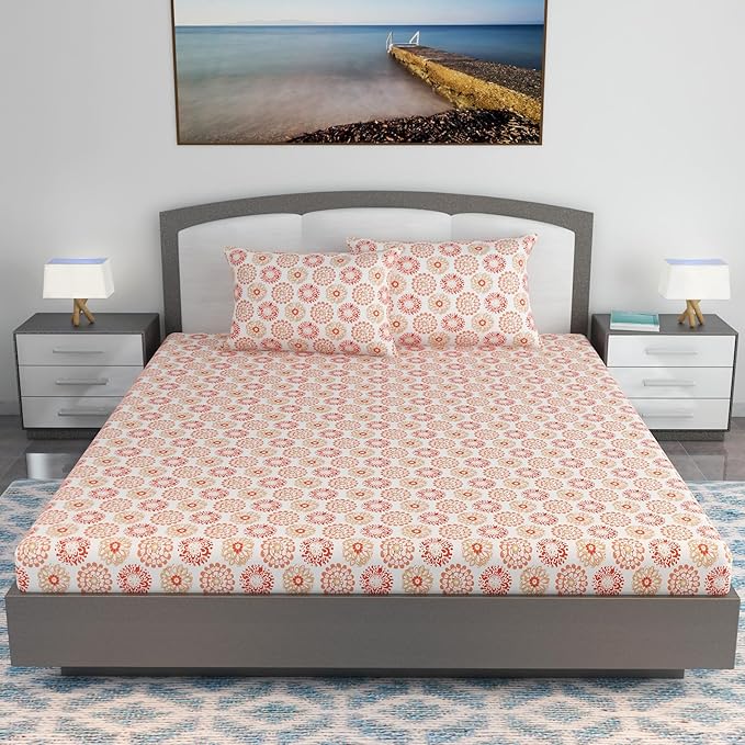 WSOKO 100% Cotton 400TC Bedsheet for Double Bed King Size Bedsheet with 2 Pillow Covers[108X108 (Size:275 X 275 cm,  Red Orange, Floral)