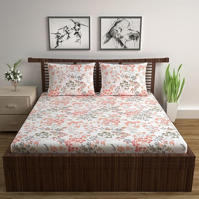 WSOKO COTTON 400 TC Cotton Bedsheet for Double Bed | 100% Cotton – Sage Green Floral Print | Soft &amp; Breathable | Size 222 x 254 cm | with 2 Pillow Covers | Everyday Use 90X100