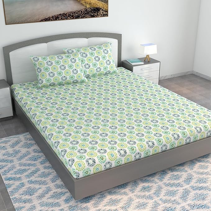 WSOKO 100% Cotton 400TC Bedsheet for Double Bed King Size Bedsheet with 2 Pillow Covers[108X108 (Size:275 X 275 cm, Green Blue | Floral
