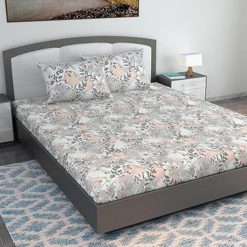 WSOKO 100% Cotton 400TC Bedsheet for Double Bed King Size Bedsheet with 2 Pillow Covers[108X108 (Size:275 X 275 cm, Green, Floral)