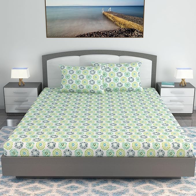 WSOKO 100% Cotton 400TC Bedsheet for Double Bed King Size Bedsheet with 2 Pillow Covers[108X108 (Size:275 X 275 cm, Green Blue | Floral
