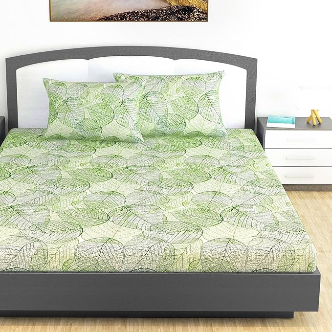 WSOKO 100% Cotton 400TC Bedsheet for Double Bed King Size Bedsheet with 2 Pillow Covers[108X108 (Size:275 X 275 cm, Green, Floral)