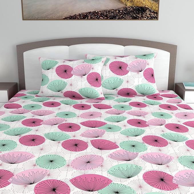 WSOKO 100% Cotton 400TC Bedsheet for Double Bed King Size Bedsheet with 2 Pillow Covers[108X108 (Size:275 X 275 cm, Green, Floral)