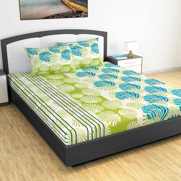 WSOKO 100% Cotton 400TC Bedsheet for Double Bed King Size Bedsheet with 2 Pillow Covers[108X108 (Size:275 X 275 cm, Green, Floral)