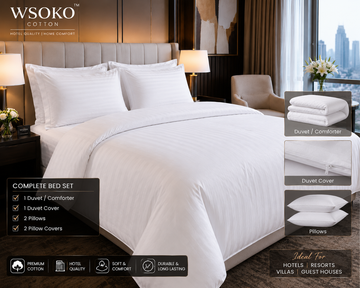 WSOKO COTTON Premium 500 TC King Size Bedsheet Set | 108 × 108 Inch | Bedsheet + Duvet + Duvet Cover + 2 Pillow Covers | Hotel Quality White Satin Stripe