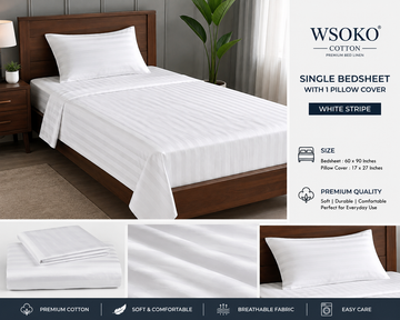 WSOKO Cotton White Stripe Single Bedsheet 60×90 Inches with 1 Pillow Cover | Premium Hotel Style Bed Sheet | Soft &amp; Comfortable