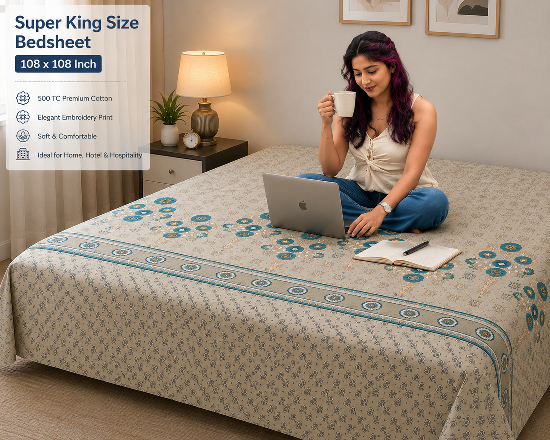 500 TC Premium Cotton Super King Bedsheet 108×108 | Embroidery Print with 2 Pillow Covers