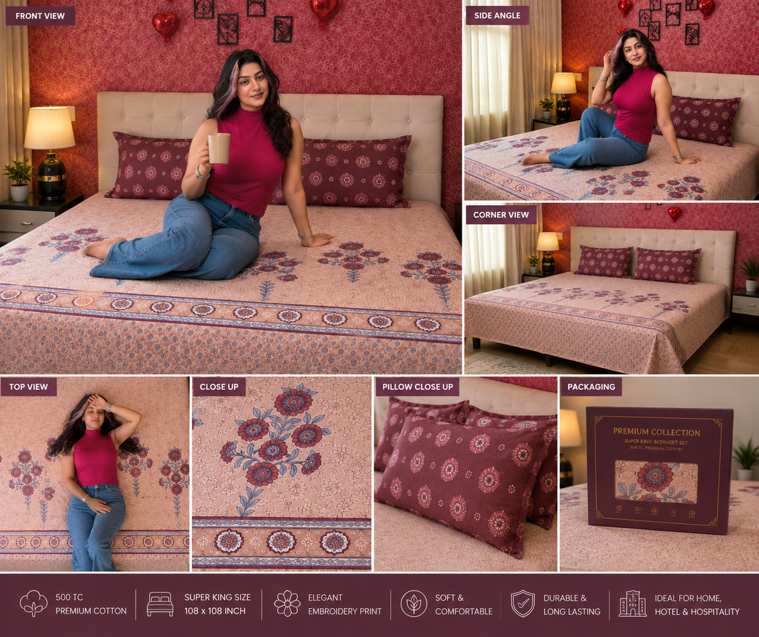 500 TC Premium Cotton Super King Bedsheet 108×108 with 2 Pillow Covers | Embroidery Print | Peach