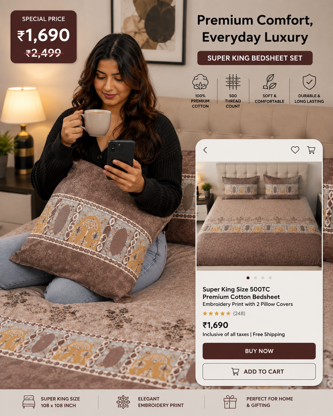 108×108 Super King Premium Cotton Bedsheet | 500 TC Embroidery Print with Pillows