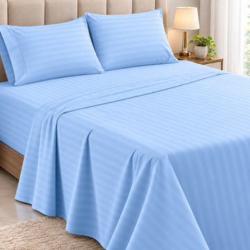 WSOKO Cotton Premium Satin Stripe King Size Bedsheet 108 x 108 Inches with 2 Pillow Covers | 100% Cotton | Hotel Quality | Soft & Breathable | Sky Blue