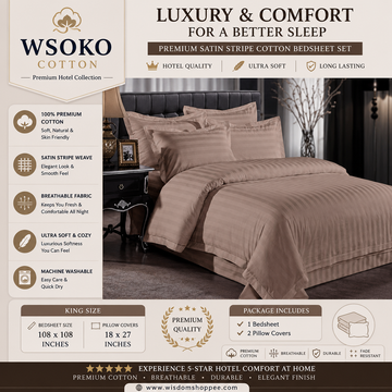 WSOKO Cotton Premium Satin Stripe King Size Bedsheet 108 x 108 Inches with 2 Pillow Covers | 100% Cotton | Hotel Quality | Ultra Soft | Breathable | Luxury Bedding Set | Brown