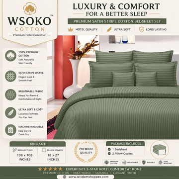WSOKO Cotton Premium Satin Stripe King Size Bedsheet 108 x 108 Inches with 2 Pillow Covers | 100% Cotton | Hotel Quality | Ultra Soft | Breathable | Luxury Bedding Set | Olive Green