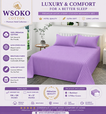 WSOKO Cotton Premium Satin Stripe King Size Bedsheet 108 x 108 Inches with 2 Pillow Covers | 100% Cotton | Hotel Quality | Ultra Soft | Breathable | Luxury Bedding Set | Lavender Purple