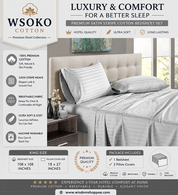 WSOKO Cotton Premium Satin Stripe King Size Bedsheet 108 × 108 Inches with 2 Pillow Covers | 100% Cotton | Hotel Collection | Soft & Breathable | White