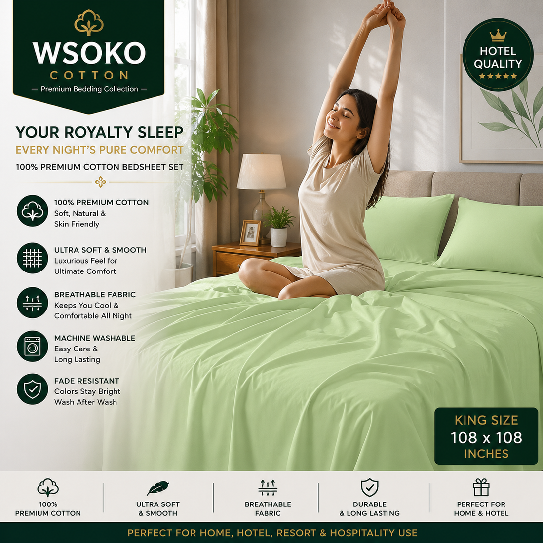 WSOKO Cotton Premium Plain King Size Bedsheet 108 × 108 Inches with 2 Pillow Covers | 100% Cotton | Hotel Quality | Ultra Soft | Breathable | Solid Color