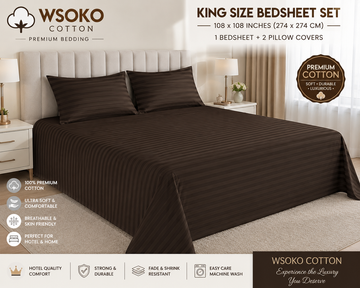 WSOKO COTTON Premium Cotton Stripe King Size Bedsheet | 108 x 108 Inches | 1 Bedsheet with 2 Pillow Covers | Hotel Quality | Soft & Breathable