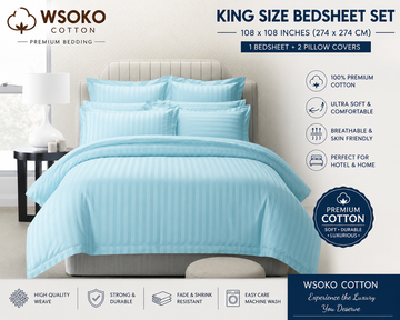 WSOKO COTTON Premium Stripe Cotton King Size Bedsheet Set | 108 x 108 Inches | 1 Bedsheet with 2 Pillow Covers | Hotel Quality | Soft & Breathable