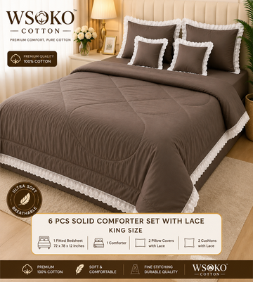WSOKO COTTON 6 Pcs Super King Size Comforter Set with Lace | 300 GSM Micro Cotton Smooth Fabric |