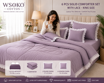 Premium 6 Pcs Super King Size Comforter Set with Lace | 300 GSM Siliconized Polyfiber FillinLavenderg |