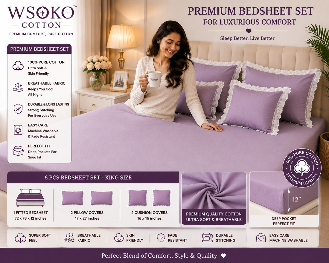 Premium 6 Pcs Super King Size Comforter Set with Lace | 300 GSM Siliconized Polyfiber FillinLavenderg |