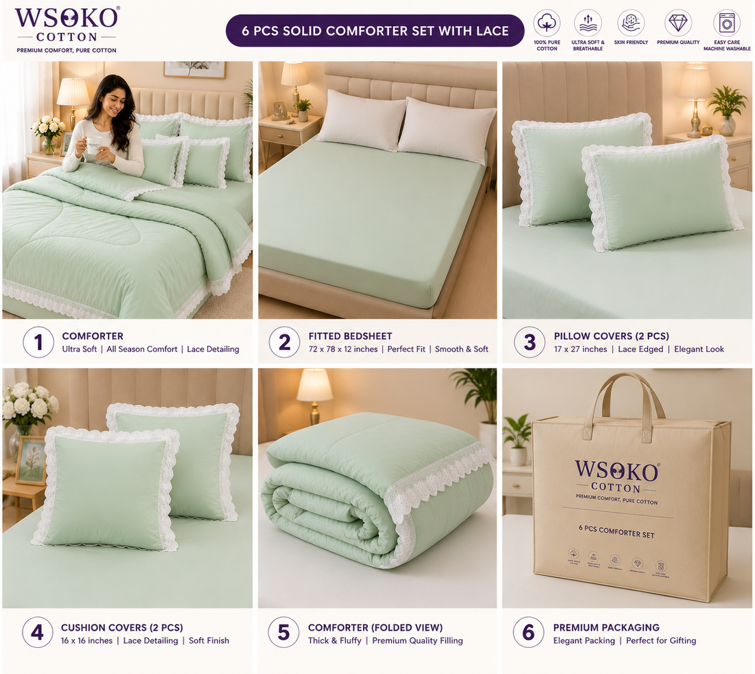 Premium 6 Pcs Super King Size Comforter Set with Lace | Premium Micro Cotton Smooth Fabric | 300 GSM Siliconized Polyfiber
