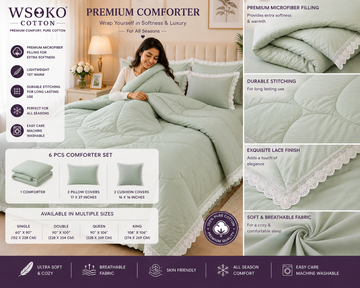 Premium 6 Pcs Super King Size Comforter Set with Lace | Premium Micro Cotton Smooth Fabric | 300 GSM Siliconized Polyfiber