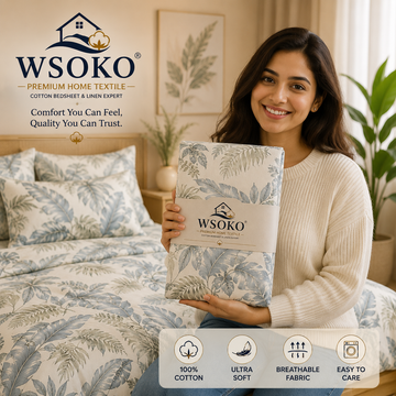 300TC Premium WSOKO Cotton Printed Super King Size Double Bedsheet with Two Pillow Covers, 108 * 108 Inches or 9ft by 9ft or 275 cm x 275 cm (Ivory Embrace)