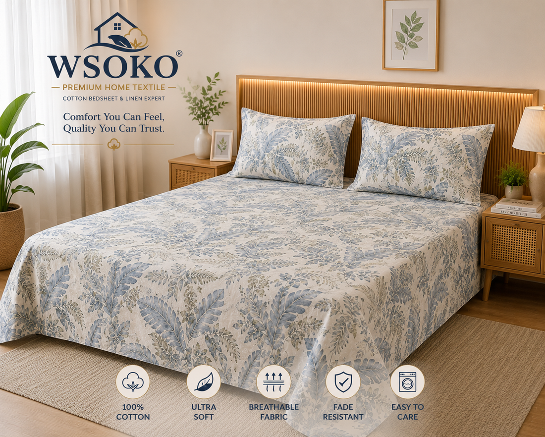 300TC Premium WSOKO Cotton Printed Super King Size Double Bedsheet with Two Pillow Covers, 108 * 108 Inches or 9ft by 9ft or 275 cm x 275 cm (Ivory Embrace)
