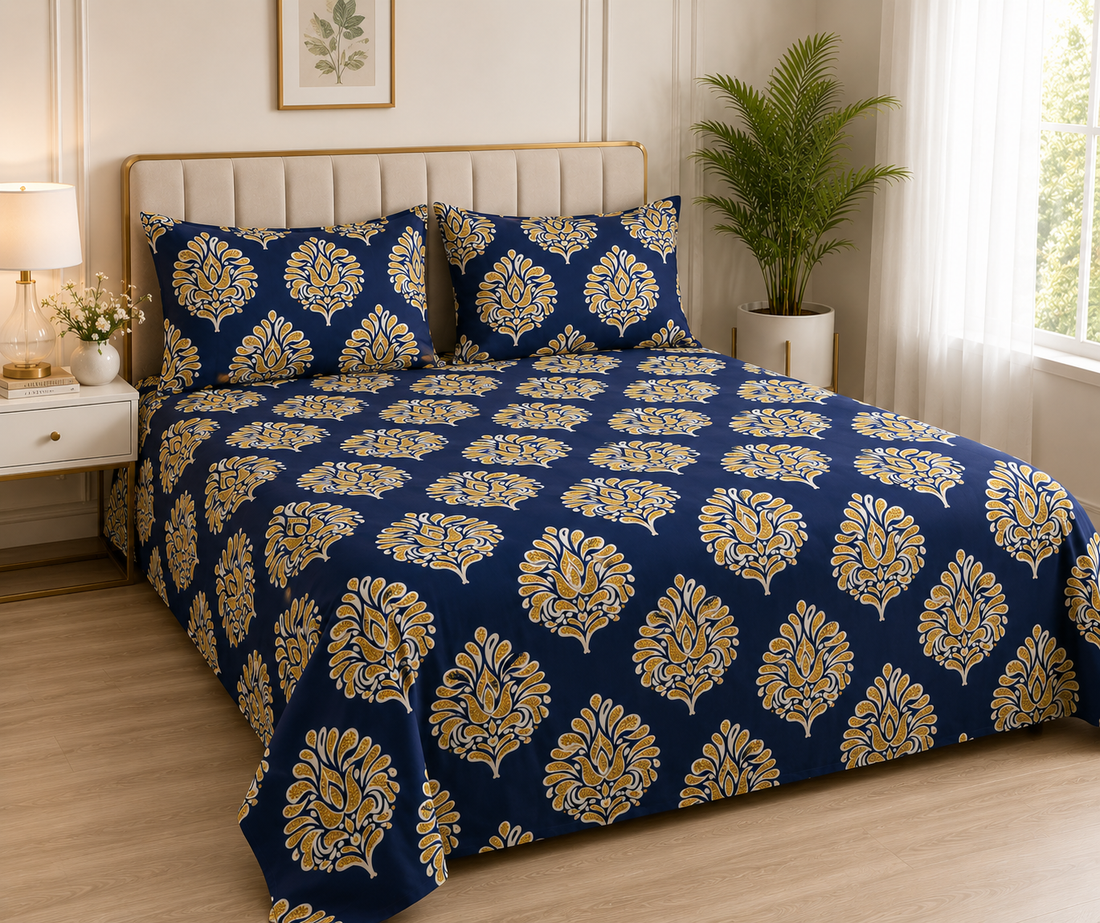 WSOKO COTTON 300 TC Premium 7D Print Super King Size Cotton Bedsheet Set with 2 Pillow Covers | Ultra Soft 108” x 108” | Elegant Floral Designs (Royal Blooms)