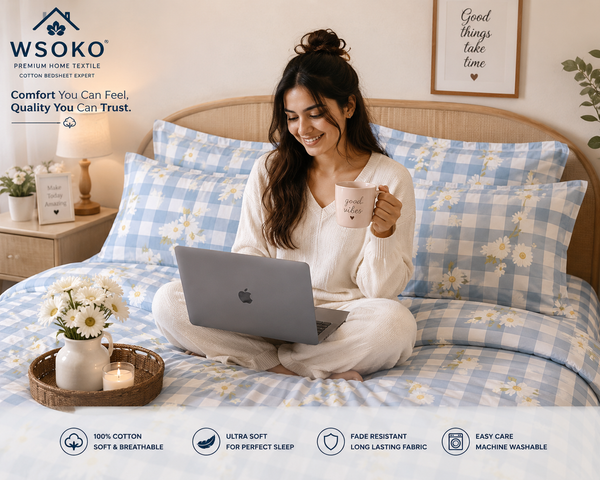 WSOKO 300TC Super King Size Bedsheet Floral Print 108 x 108 Inch with 2 Pillow Covers, 275 x 275 cm (9 ft by 9 ft) (Check Box)