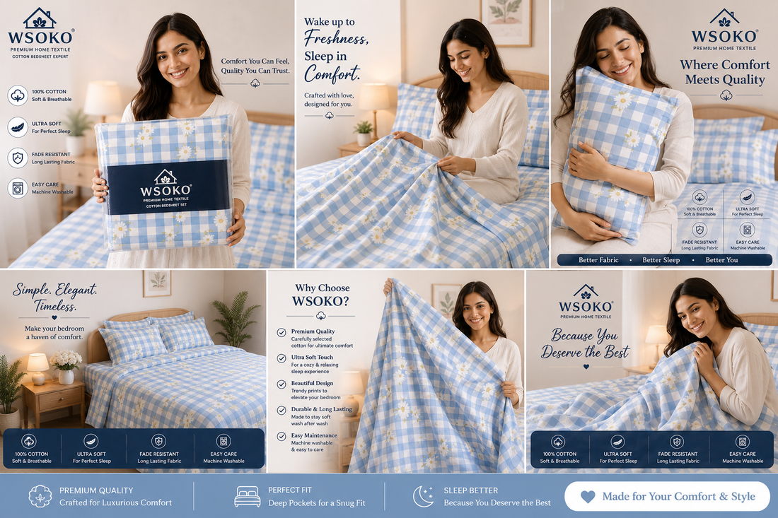 WSOKO 300TC Super King Size Bedsheet Floral Print 108 x 108 Inch with 2 Pillow Covers, 275 x 275 cm (9 ft by 9 ft) (Check Box)