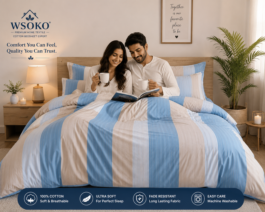 WSOKO COTTON 300TC Super King Size Bedsheet Floral Print 108 x 108 Inch with 2 Pillow Covers, 275 x 275 cm (9 ft by 9 ft) (Check Box)
