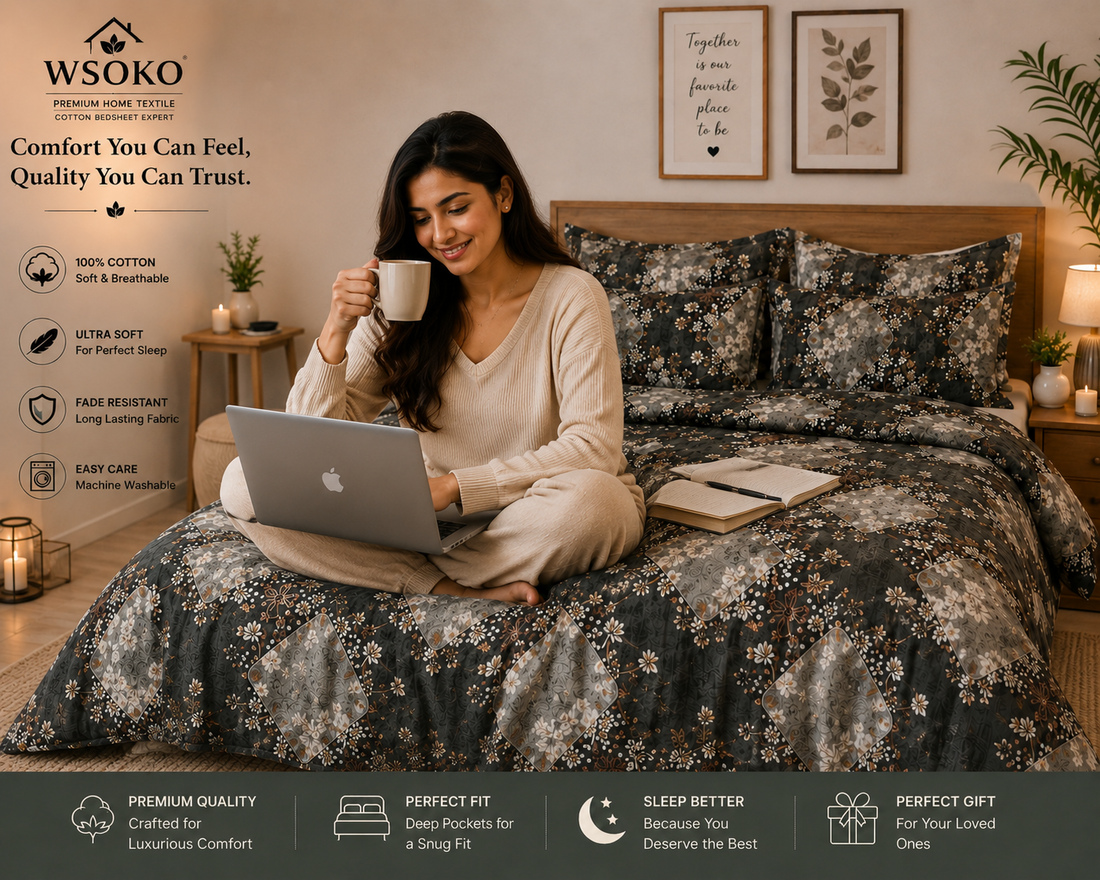 WSOKO COTTON,300TC Super King Size Bedsheet Floral Print 108 x 108 Inch with 2 Pillow Covers, 275 x 275 cm (9 ft by 9 ft) (Check Box)