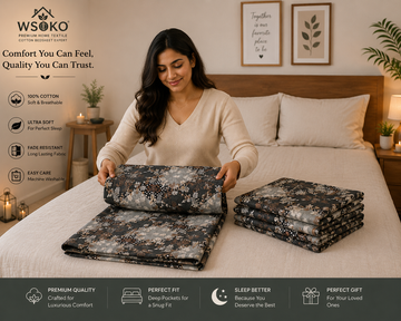 WSOKO COTTON,300TC Super King Size Bedsheet Floral Print 108 x 108 Inch with 2 Pillow Covers, 275 x 275 cm (9 ft by 9 ft) (Check Box)