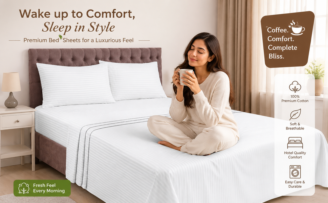 WSOKO 600 TC Premium Cotton White Stripe Queen/Double Bedsheet | 90 x 100 Inch | 1 Bedsheet + 2 Pillow Covers