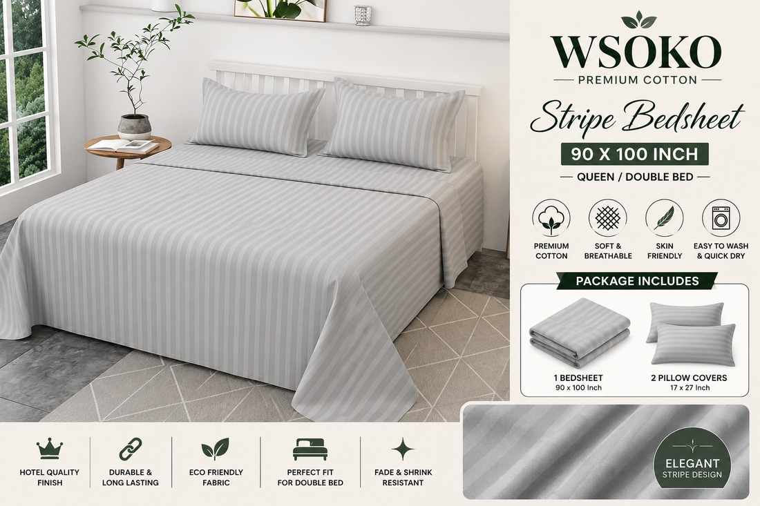 WSOKO 600 TC Premium Cotton Silver Stripe Super King Bedsheet – 108 × 108 Inch
