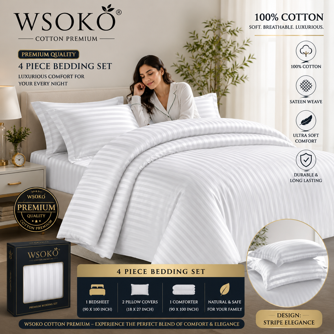 WSOKO White Satin Stripe Microfiber Comforter Quilt Duvet Set | King Size | Hotel Quality | 4-Piece Set