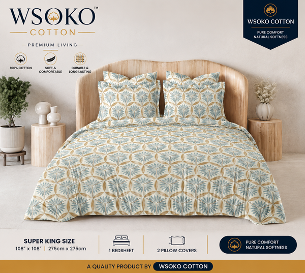 WSOKO COTTON Premium Cotton Bedsheet | Super King 108x108