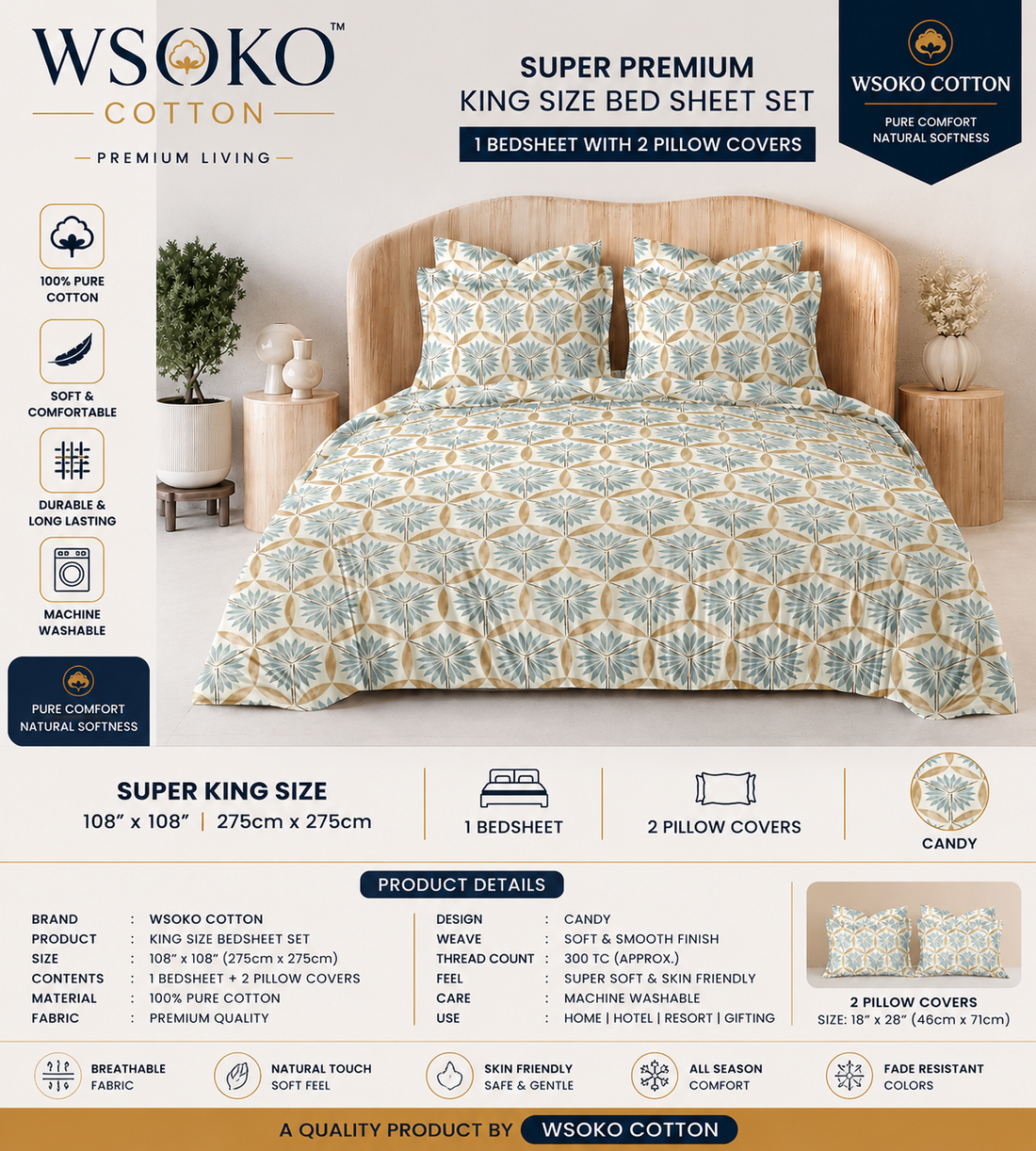 WSOKO COTTON Premium Cotton Bedsheet | Super King 108x108