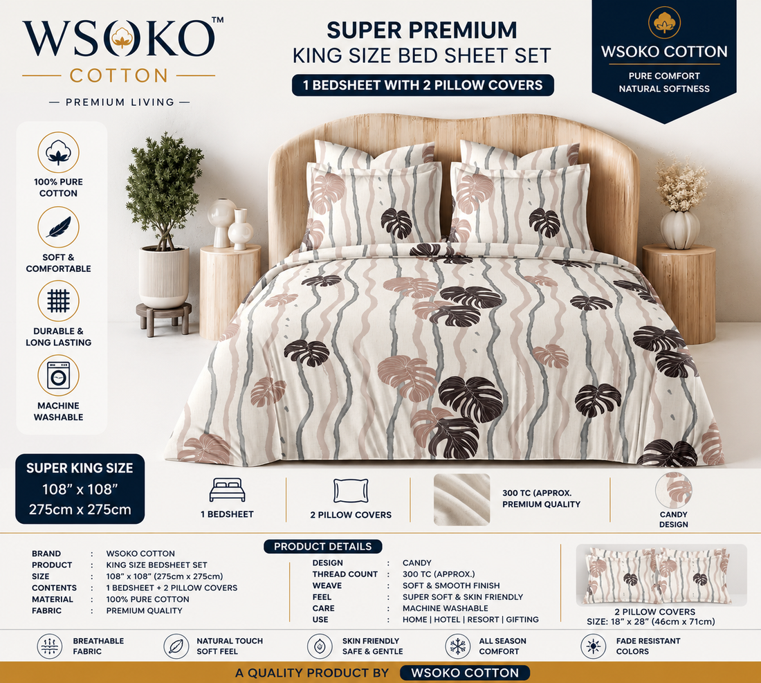 WSOKO COTTON Luxury Super King Bedsheet | 400 TC | White