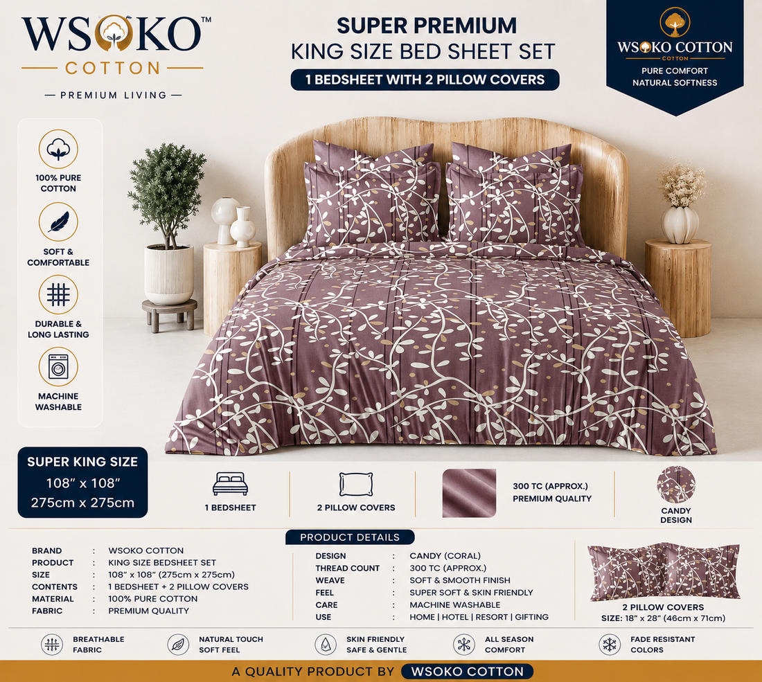 WSOKO COTTON Premium Cotton Bedsheet | Super King 108x108