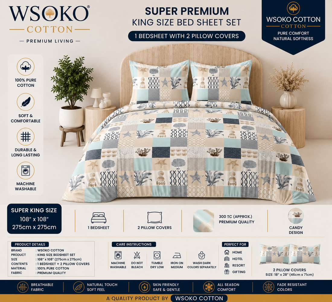 WSOKO COTTON Premium 400 TC Super King Bedsheet | 108x108