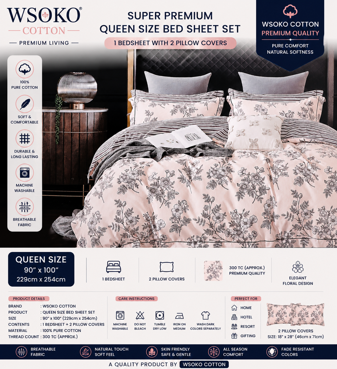 WSOKO COTTON Queen Size Luxury Bedding | 300 TC | 90x100 Inch | Soft Cotton